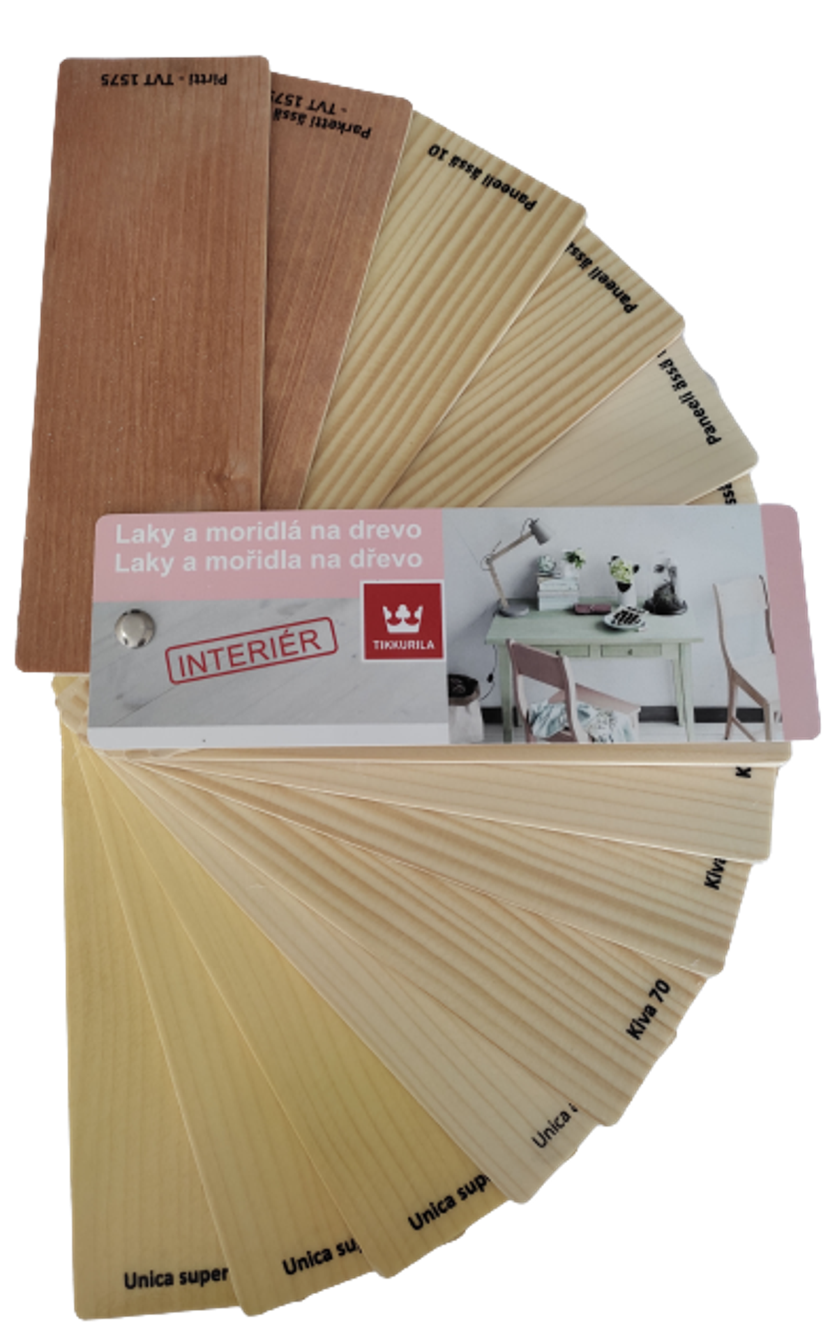 INTERIOR WOOD STAIN AND LACQUERS - Malý, dřevěný, vějířový vzorník interiérových laků a mořidel.