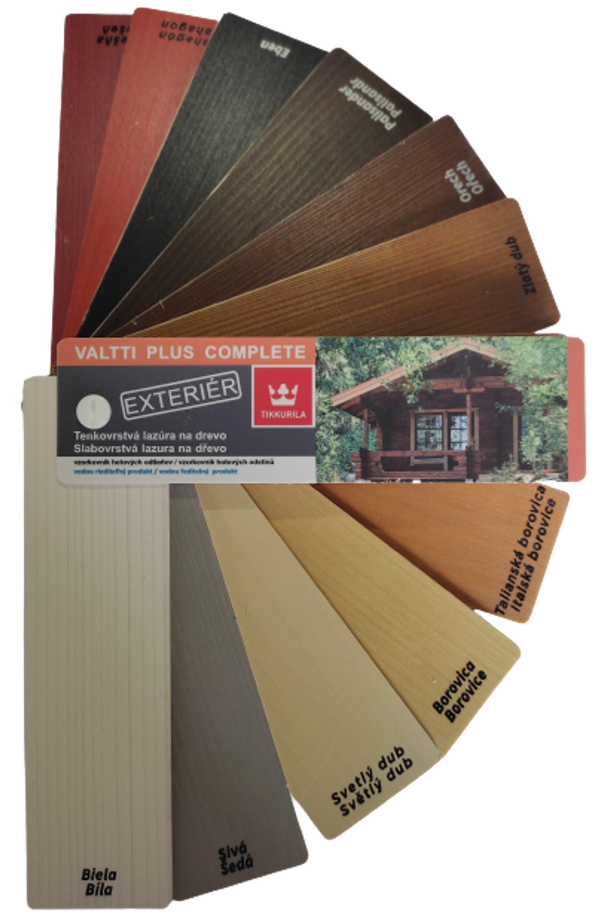 VZORNÍK VALTTI PLUS COMPLETE - hotové odstíny - Dřevěný vzorník hotových odstínů lazury na dřevo v exteriéru.